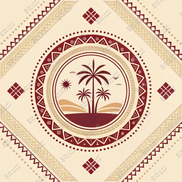 A geometric artistic design with a traditional Arabic pattern featuring palm trees in the center, with the sun and birds in the background. The design includes circles and intricate geometric shapes bordered by traditional motifs.