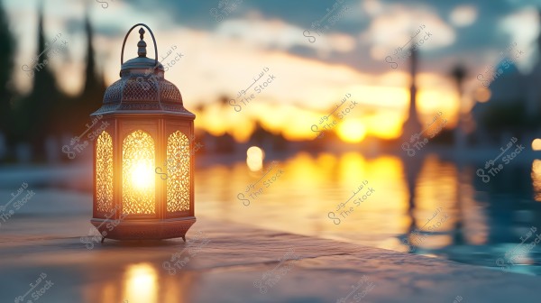 An image of a traditional ornate lantern placed on a surface beside a pool of water at sunset. The lantern glows with a warm, soft light, while the setting sun\'s light reflects on the surrounding water. There are blurred outlines of trees and foliage in the background under a blue sky with clouds tinged by sunset colors.