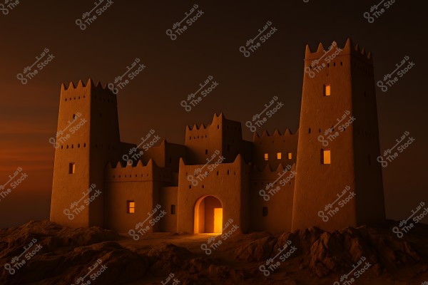 Image of a traditional mud-brick castle situated in a desert environment. The castle is seen under nighttime lighting with warm lights emanating from the windows and doors, creating a mysterious and serene atmosphere. The architectural design reflects the traditional style of ancient Arabian buildings.
