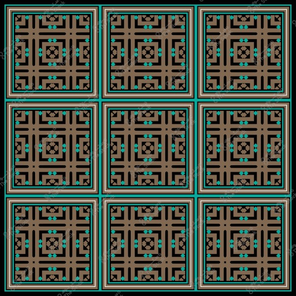 تصميم هندسي مزخرف مكون من تسعة مربعات, يحتوي على أنماط متقاطعة بألوان بني وأزرق وأسود.