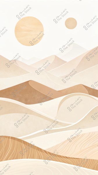 An abstract artwork depicting a desert landscape with wavy sand dunes in shades of beige and light brown. In the sky, there is a large orange circular sun next to a smaller, lighter-colored sun, creating a fantasy-like appearance and an atmosphere of mystery.