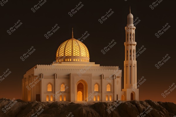 Image of a large mosque with a glowing golden dome against a dark night sky. The mosque features traditional Islamic architectural details and is situated on a rocky base. A tall minaret stands beside the mosque, intricately carved with beautiful details.