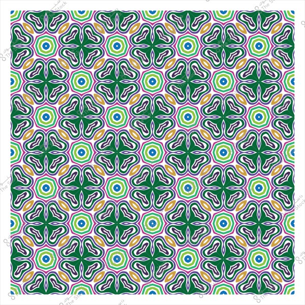 Symmetrical geometric pattern with multiple colors including green, blue, yellow, and pink.