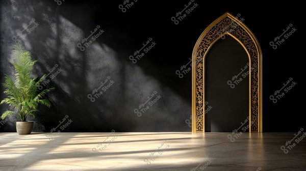 An image of a room featuring a window with an ornate golden frame on the right wall. In the foreground, there is a light shadow cast on the light wooden floor, and a green plant is situated in the corner of the room on the left. The background consists of a wall with shadows creating a warm and serene ambiance.