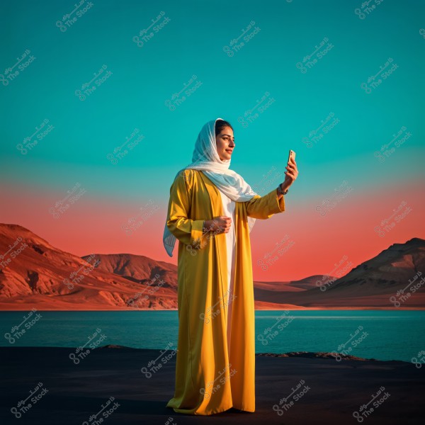 A portrait of a woman wearing a yellow abaya and a white hijab, standing against a natural backdrop featuring a lake and mountains. The sky is blue with orange gradients. She appears to be taking a selfie with a smartphone.