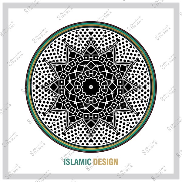 تصميم إسلامي زخرفي دائري باللونين الأسود والأبيض مع تفاصيل هندسية ونقاط صغيرة.