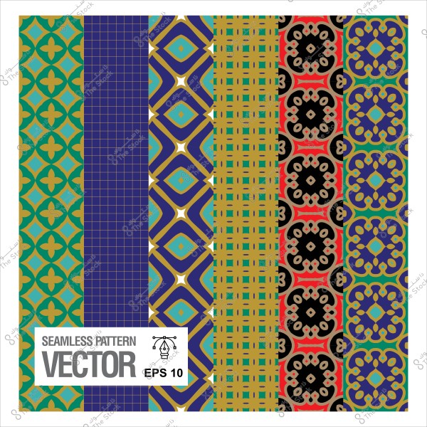 تصميم نماذج زخرفية متكررة بألوان متنوعة تشمل الأزرق, الأخضر, والأصفر.