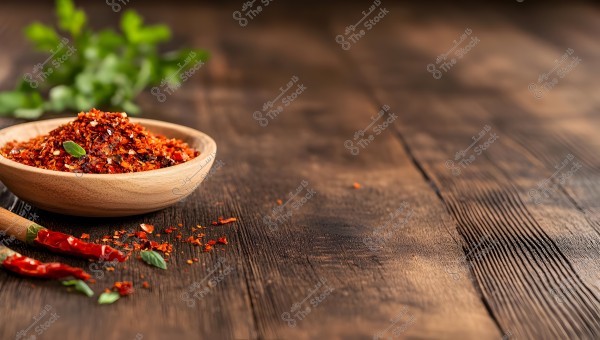 A wooden bowl filled with crushed dried chili pepper on a dark wooden table. There are a few green leaves and fresh red chili peppers beside the bowl. The background shows blurred greenery.