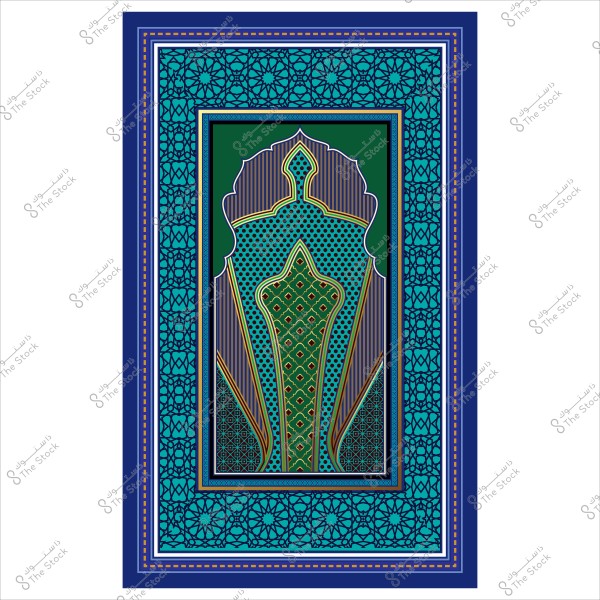 لوحة إسلامية بزخارف هندسية معقدة وألوان متناسقة تشمل الأزرق والأخضر والذهبي, تشكل إطارًا مميزًا ومتناظرًا. التصميم يعكس الفن الإسلامي التقليدي بتفاصيله الدقيقة ونقوشه الجميلة.

-