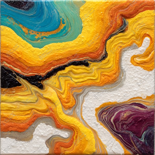 An abstract painting with vibrant colors such as blue, yellow, orange, and black on a white background. The colors flow in wavy and interwoven lines, creating a dynamic and lively effect on the artwork.