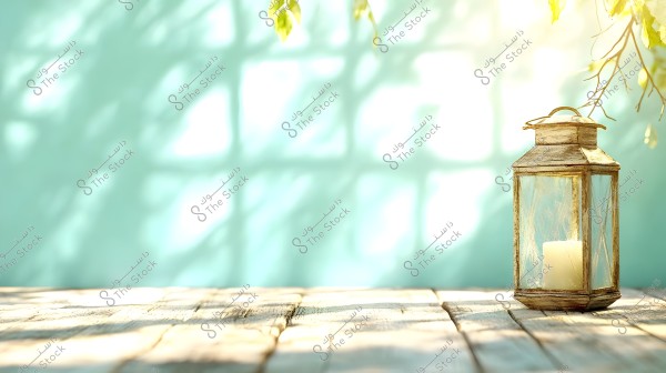 A rustic wooden lantern on a wooden table, containing a lit candle inside, set against a light blue background with shadows of tree leaves in sunlight. Branches dangle at the top of the image.