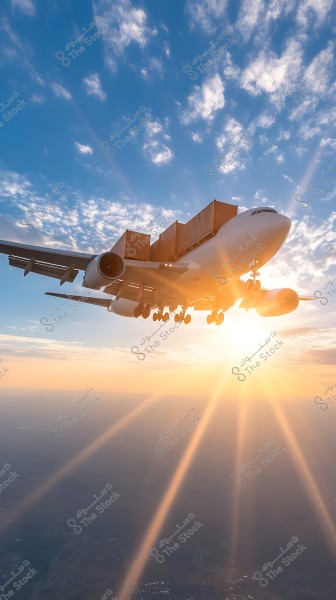 A cargo airplane in flight equipped with containers on top of its fuselage. The scene captures the plane flying at high altitude during sunset, with stunning rays of sunlight streaming through the wispy clouds in the blue sky.