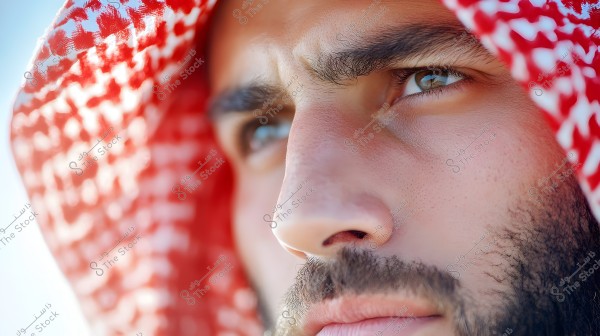 A close-up image of a person\'s face wearing a red and white checkered headscarf, focusing on their eyes and beard. The intricate texture of the headscarf is visible next to the face, with a blurred blue background.