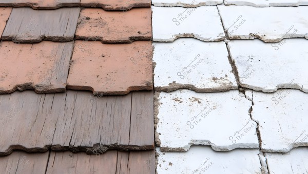 An image showing a comparison between roofing tiles. The left side features dark brown tiles with a natural and rough texture, while the right side displays white tiles that are worn and cracked, highlighting the difference in texture and quality between the two types.