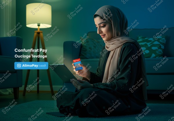 An image of a woman sitting on the floor in a living room illuminated by the warm light of a side lamp. The woman is wearing a hijab and a long, decorative dress, suggesting Middle Eastern attire. She is holding an online card and a tablet, appearing to make a purchase or browse online. Behind her is a sofa with a decorative pillow. The image features text with the \"Confunfirat Pay\" and \"AlimaPay\" logos.