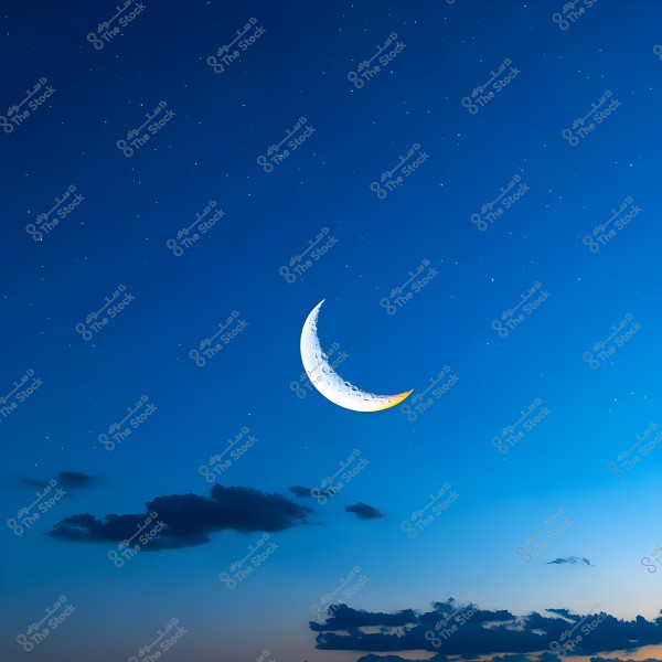 An image of a blue night sky featuring a bright white crescent moon with a hint of gold at the bottom. Small stars are scattered in the background, with some dark clouds visible on the horizon.