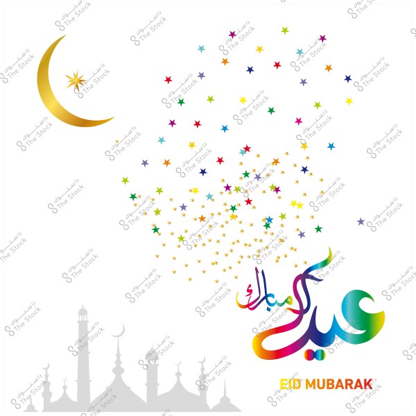Eid Mubarak greeting card featuring a golden crescent moon and colorful stars, with the phrase \"Eid Mubarak\" in vibrant colors and a mosque silhouette in the background.