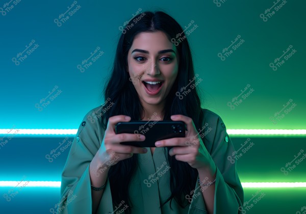 A portrait of a young woman with a joyful expression, wearing a dark green shirt, holding a smartphone with both hands. The background features blue and green neon lights, giving the scene a vibrant and modern feel.