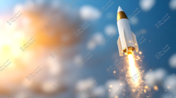 Image of a rocket launching into the sky with flames and smoke emanating from its base. The background is blue with scattered clouds, illuminated by orange sunlight.