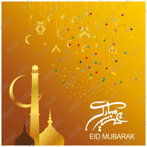 تصميم فنّي يحمل كلمات \"عيد مبارك\" مع عناصر هلال ونجوم ذهبية ومئذنة على خلفية ذهبية.