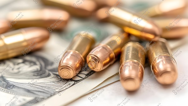The image shows several golden bullets placed on dollar bills. The focus is sharp on the bullets, while the background of the dollar notes is blurred, suggesting a concept related to the intersection of money and ammunition.