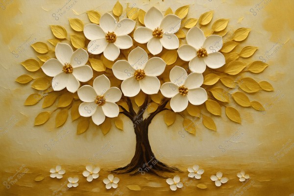 An artistic painting depicting an elegant tree with large white flowers and golden leaves. The tree\'s flowers are symmetrically arranged, with similar leaves cascading down against a background of beige and golden hues. Several small white flowers are scattered at the bottom, completing the beautiful visual composition.
