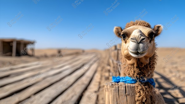 An image of a young camel in the desert, looking directly at the camera. Behind the camel, there\'s a wooden fence and a clear blue sky. A small wooden structure is visible in the background. The camel is tied with a blue rope around its neck.