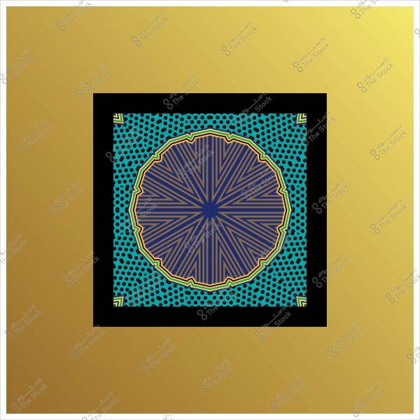 تصميم فني هندسي يحتوي على نمط متكرر بألوان زرقاء وذهبية في وسط إطار أسود على خلفية ذهبية.