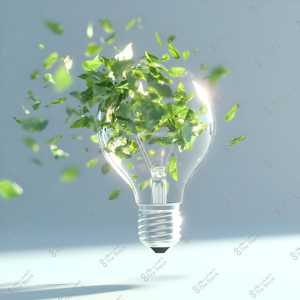 An image of a glass lightbulb containing green leaves artistically dispersed inside it. The light blue background highlights the intricate design of the leaves within the bulb.