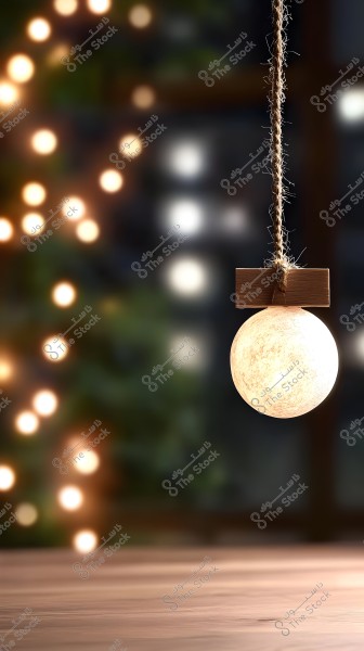 A white glowing orb hanging from a rope, decoratively suspended. The background shows blurred, soft lights suggesting a festive or seasonal atmosphere.