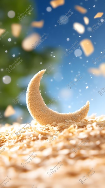 An image of a crescent-shaped sculpture made of bread or biscuit, placed on a surface covered with crumbs, with a blue blurry background showing some floating pieces.