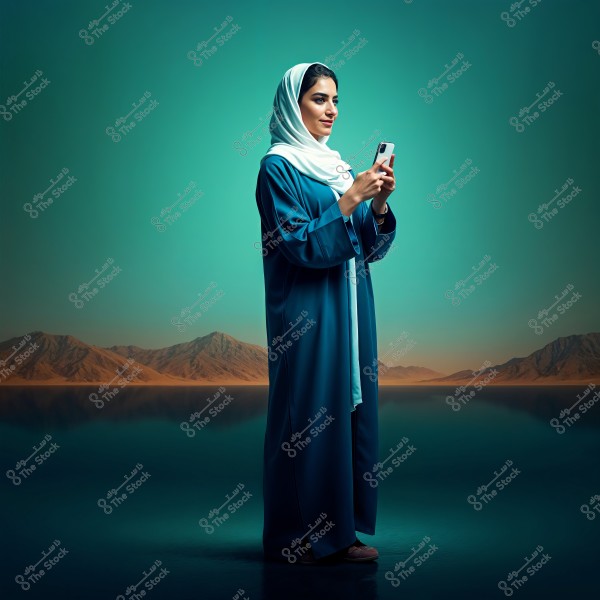 A portrait of a woman wearing a blue abaya and a white hijab, standing while holding a mobile phone. The background features a natural landscape of mountains and a lake under a deep blue sky, giving the image a serene ambiance.