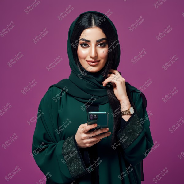 Image of a woman wearing a dark green abaya with a headscarf. She is smiling and using a smartphone. The background is purple. She may be from a Gulf country like Saudi Arabia.