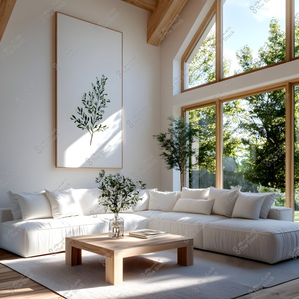 A bright and modern living room with a large white sofa and a rectangular wooden coffee table on a light rug. There is a green plant in a glass vase on the table and a large art piece with botanical illustration on the wall. Architectural details include large windows that allow natural light in, overlooking a green outdoor scene.
