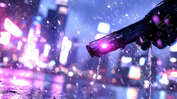 An image depicting a hand holding a gun amidst heavy rainfall. The background is blurred with bright neon lights of various colors, creating a futuristic urban atmosphere. The lights reflect off the wet pavement as water droplets fall from the gun.