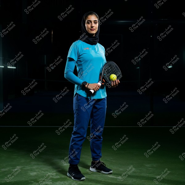 A woman in blue sports attire with a black hijab, standing on a padel court. She is holding a padel racket and a yellow ball in her hand. She is wearing black sports shoes and a black wristwatch. The lighting is dim with a dark background indicating an indoor court.