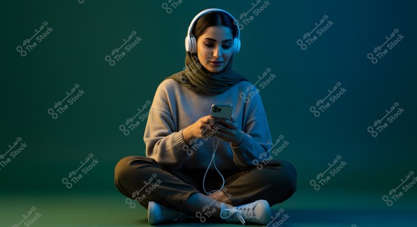A portrait of a woman sitting cross-legged on the floor with a multicolored background transitioning from blue to green. She is wearing white headphones, an olive green scarf, a beige sweater, and brown pants. Her shoes are white, and she is holding a smartphone, likely listening to something as the phone is connected to the headphones.