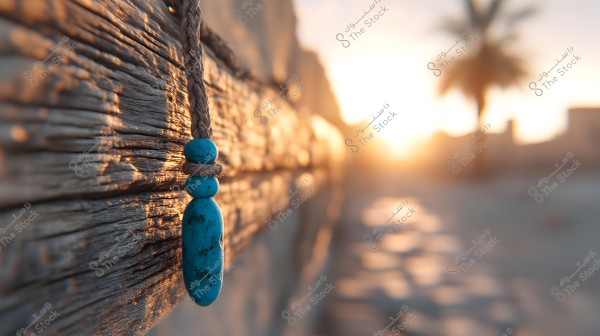 An image showing a blue pendant hanging from a rope attached to an old wooden wall, glistening under the light of the setting sun. In the background, a blurry palm tree can be seen with bright sunlight on the horizon.