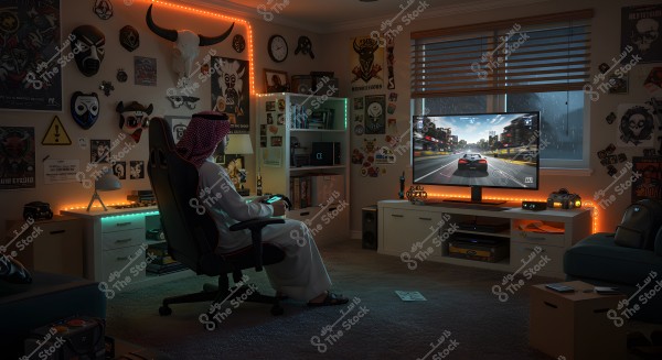Image of a man sitting on a gaming chair in a room filled with posters and decorative masks. He is wearing a white thobe and a ghutra, playing a racing game on a large TV screen. Orange and blue LED lights illuminate the room, which is decorated with various posters and unique embellishments on the walls.
