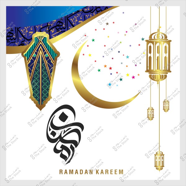 تصميم يحتوي على هلال ذهبي وزخارف إسلامية مع فانوس ورموز رمضانية وعبارة "رمضان كريم".