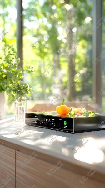 A modern electric cooker placed on a kitchen countertop with a large window in the background. There is ongoing cooking of a meal, including green vegetables and an orange bell pepper. Daylight streams through the window, adding a sunny, natural touch to the scene.