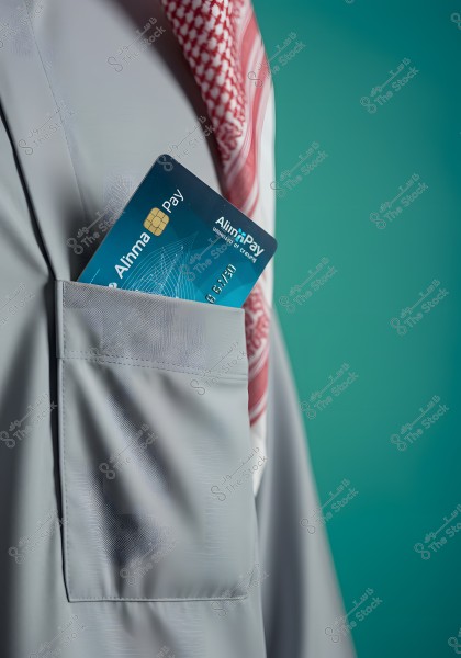 Image of a grey Saudi thobe pocket with a blue \"Alinma Pay\" payment card featuring a gold chip. The background is a vibrant green and the thobe reveals part of a red and white shemagh.