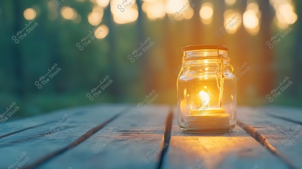 A glass jar with a lit candle sits on a wooden table outdoors, with a blurred forest background at sunset.