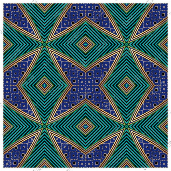 تصميم نمط هندسي بأشكال ماسية وخطوط متقاطعة باللونين الأزرق والأخضر مع لمسات ذهبية