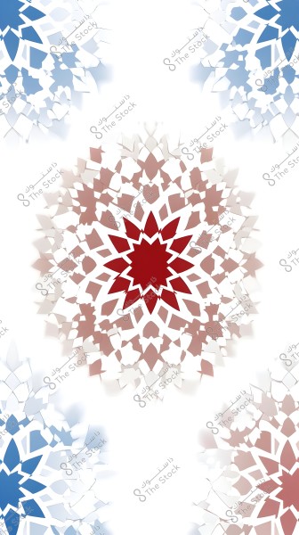 A colorful geometric pattern featuring symmetrically arranged traditional shapes in red, blue, and white colors. The design forms an intricate symmetrical pattern resembling traditional ornaments. It contains a red center surrounded by various shapes in blue and white. The shapes interlock harmoniously to create an aesthetic pattern.