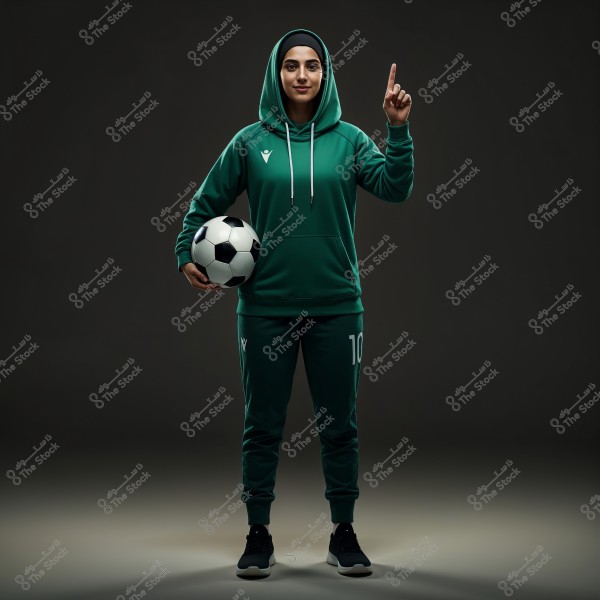 Image of a woman standing facing the camera, wearing a green sports tracksuit consisting of a hoodie and long pants. She is holding a soccer ball in her left hand while pointing upward with the index finger of her right hand. She wears a headscarf and has a friendly expression. The background is dark, highlighting her features and clothing.