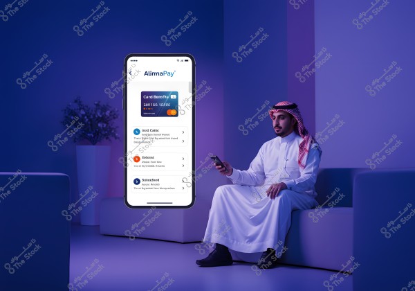 The scene depicts a man sitting in a purple-lit room, dressed in traditional Gulf attire, including a white thobe and a red and white ghutra. The man is using a smartphone, displaying a payment application called \"AlimaPay\" on the screen. The app showcases various services and payment cards.