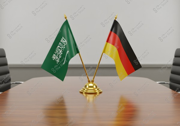 Two small flags, one of Saudi Arabia and the other of Germany, placed side by side on a wooden conference table. The Saudi Arabian flag is green with a white emblem in the center, while the German flag features black, red, and yellow stripes. Leather chairs are visible in the background of the meeting room.