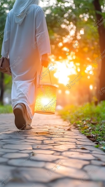 A rear view of a person wearing a long white robe walking on a stone pathway in a park during sunset. The person elegantly carries a lit lantern in one hand. Golden sunlight filters through the surrounding green trees, creating a warm and tranquil atmosphere.