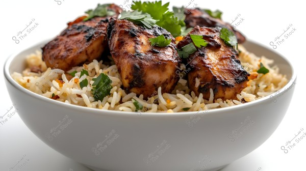 A bowl of white rice topped with grilled chicken pieces, garnished with green coriander leaves. The coriander is scattered over the chicken to add a fresh green color to the dish.